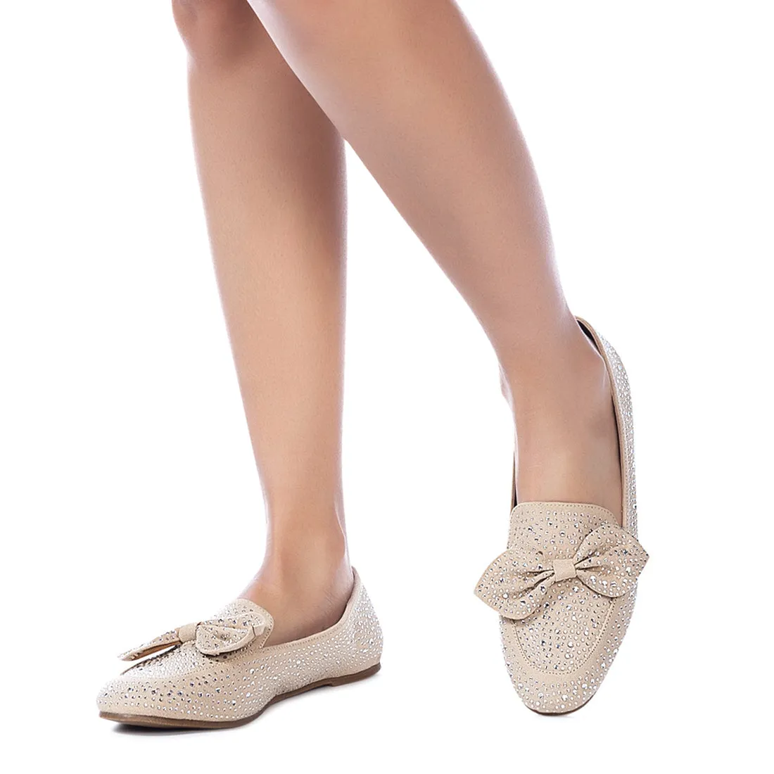 Dewdrops Embellished Casual Bow Loafer in Beige