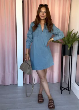 Grandad Collar Denim Dress - Mid Wash