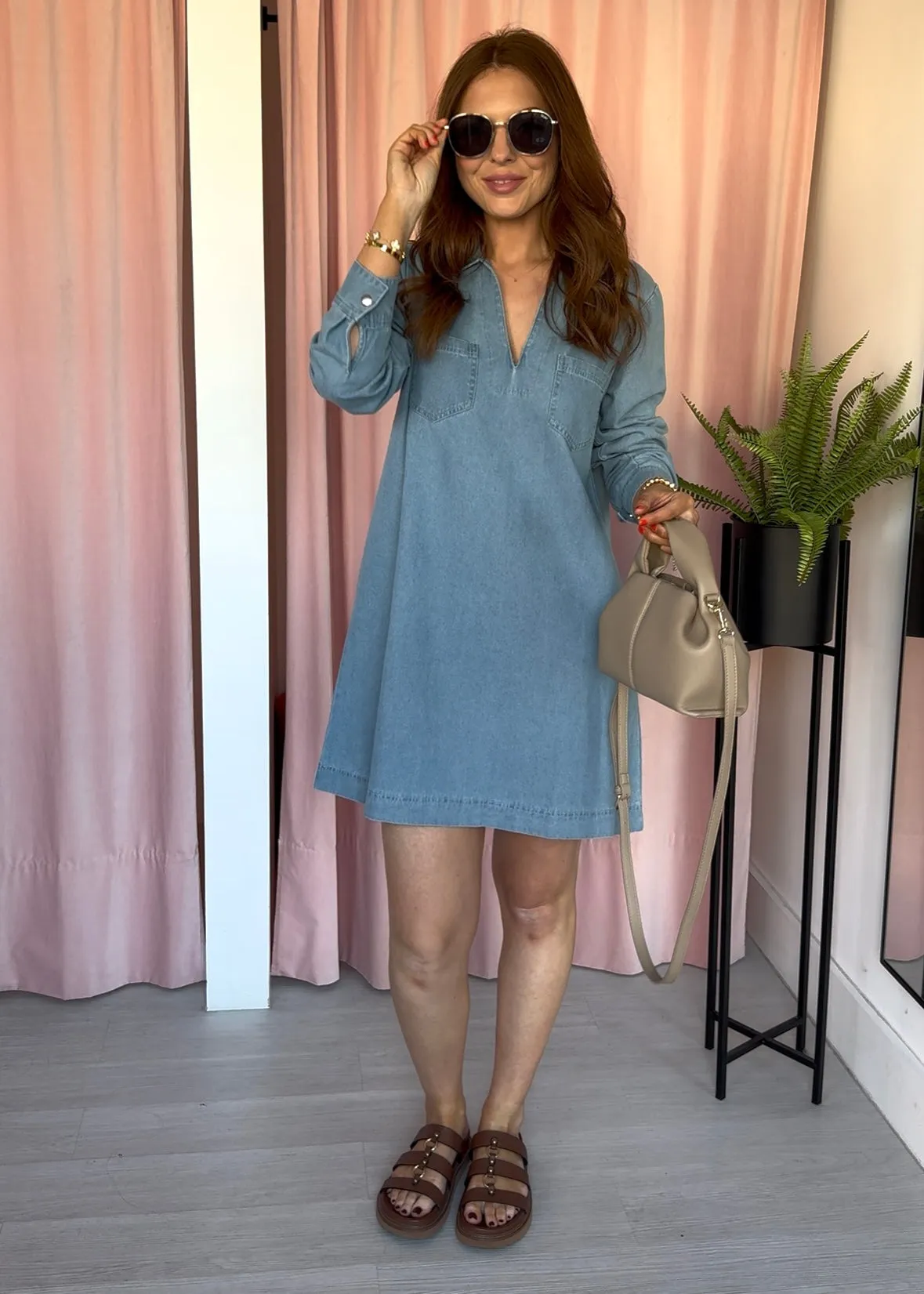 Grandad Collar Denim Dress - Mid Wash