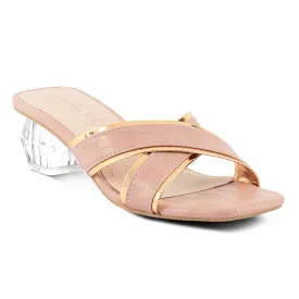 Pink Line Croc Textured Low Heel Sandals