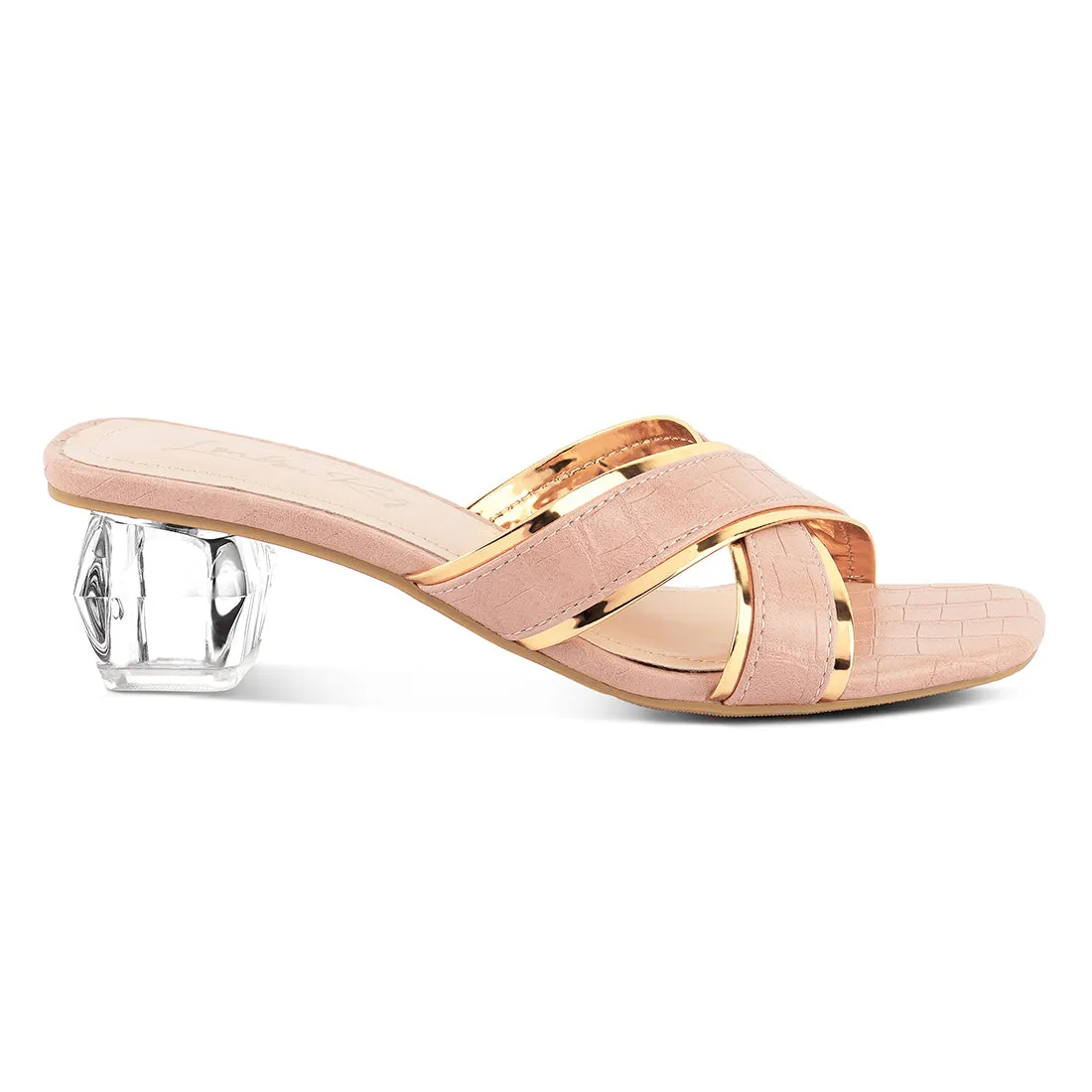 Pink Line Croc Textured Low Heel Sandals