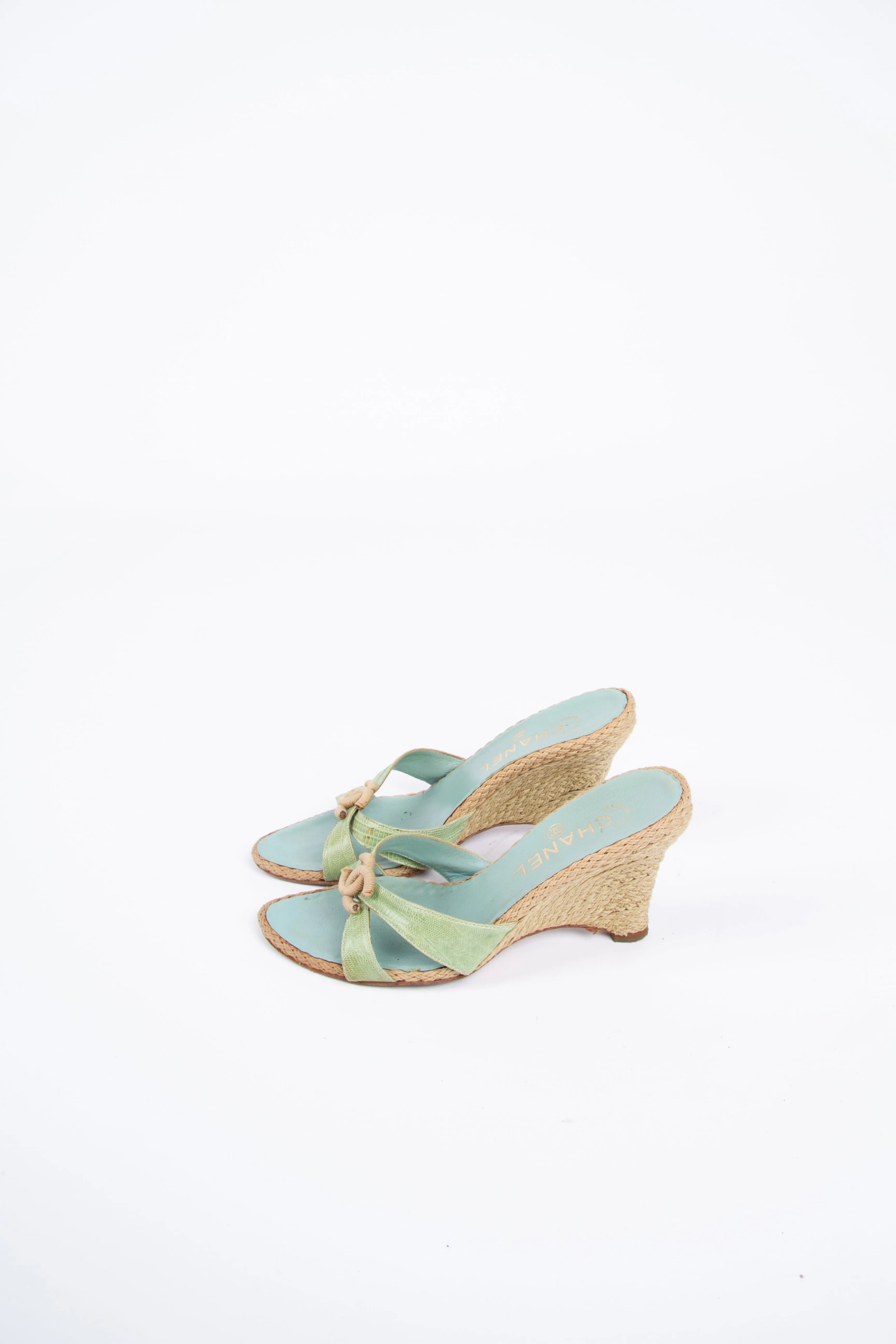 Vintage Chanel 2000s Size 36 Green Blue Espadrille Wedge | Y2K Designer Heels Shoes